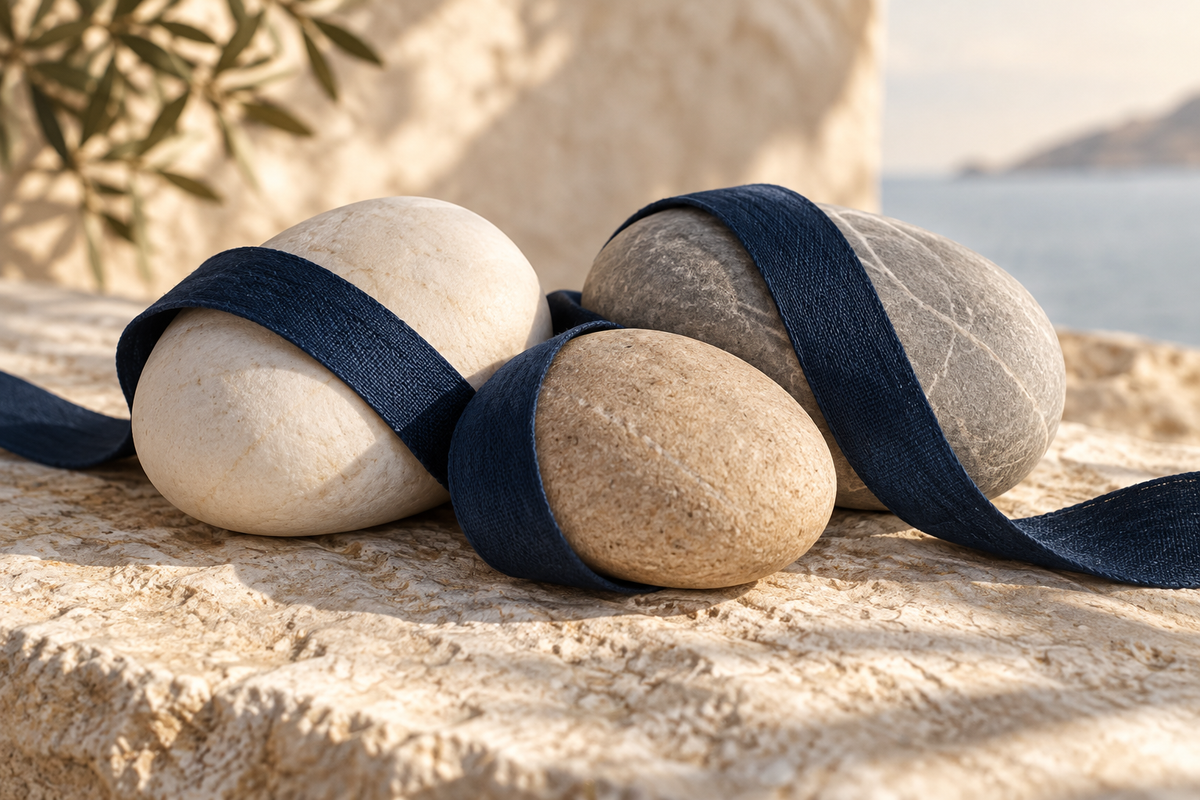 Drei Steine, verbunden durch ein marineblaues Band – Symbol für die drei Kinder hinter dem Namen EMIVABELLE.