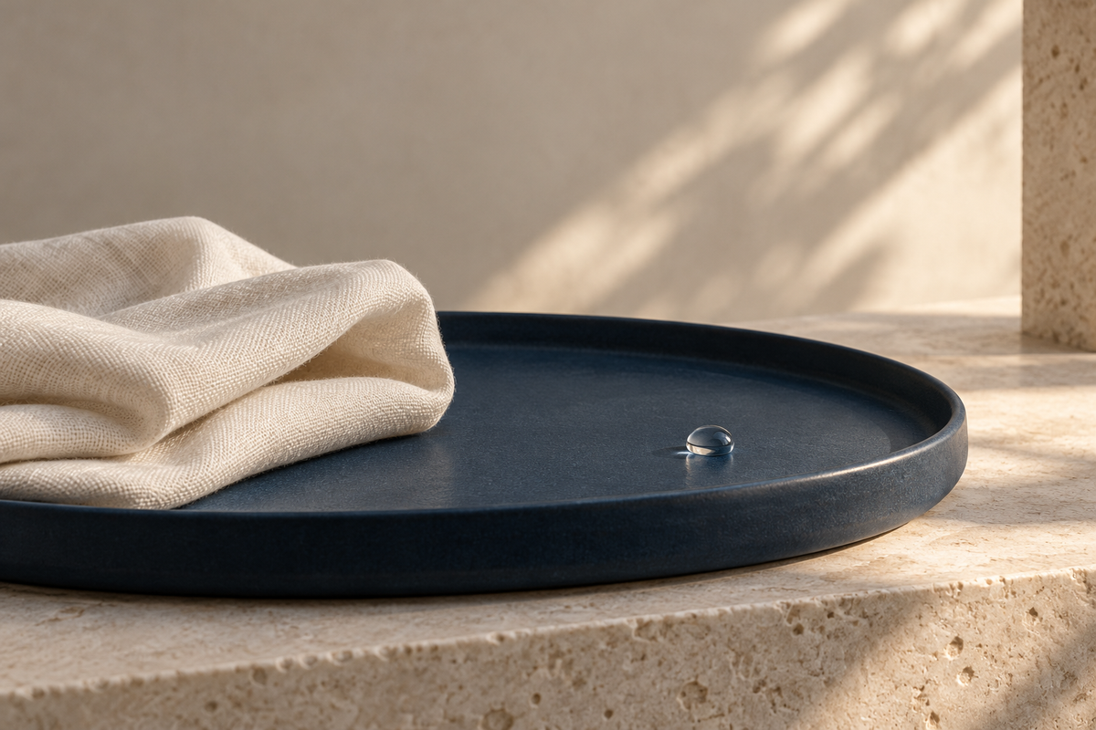 Ein Leinentuch und ein Wassertropfen auf einer marineblauen Schale als Symbol für eine einfache Pflegeroutine.