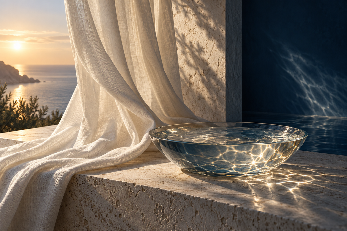 Wasserschale und Leinen zwischen warmem Morgenlicht und kühlem Abendschatten.