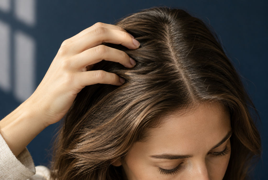 Nahaufnahme von braunem Haar und Scheitel mit einer Hand im Haar.