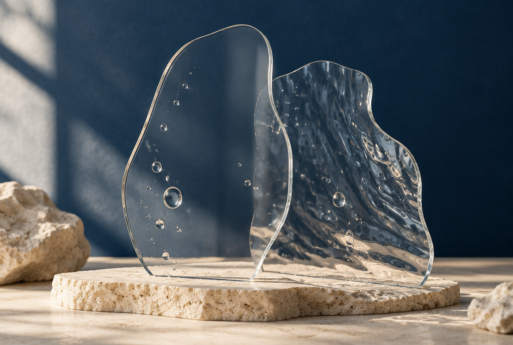Wassertropfen auf zwei Glasflächen vor marineblauem Hintergrund – abstraktes Symbolbild.