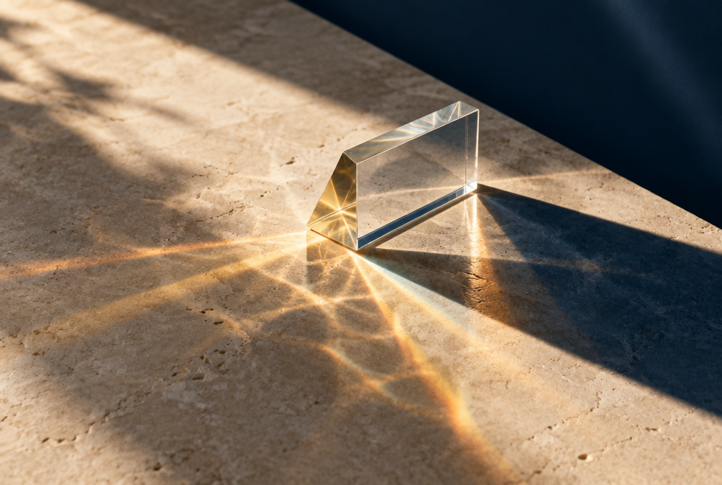 Goldenes Licht durch einen Glasprisma auf hellem Stein – abstraktes Symbolbild.