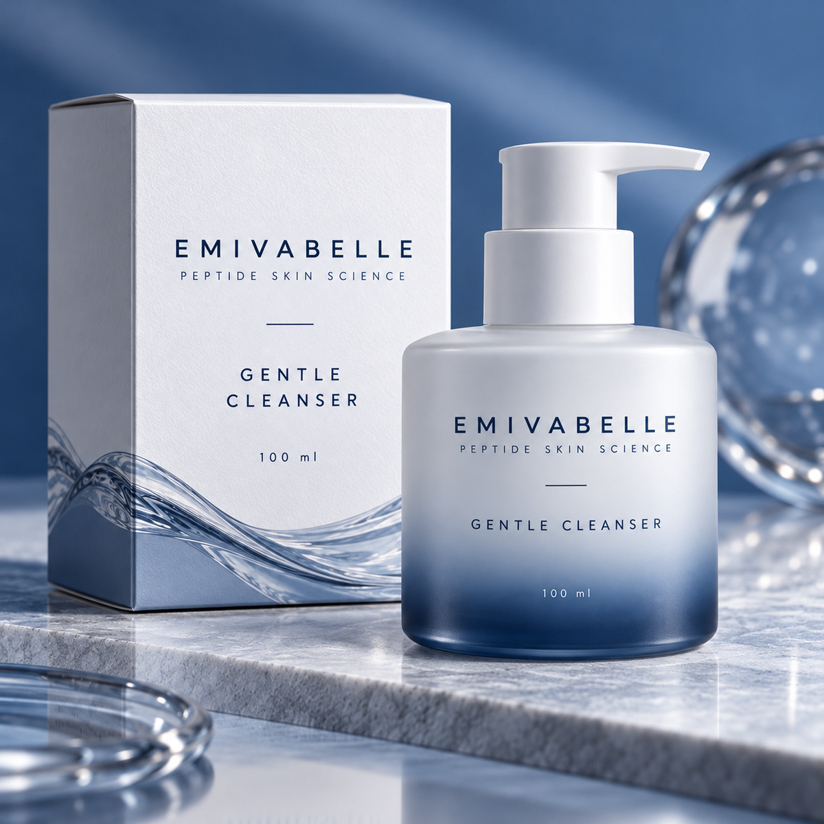 Gesichtsreinigung mit Peptiden · 100 ml – EMIVABELLE Verpackungsvisualisierung